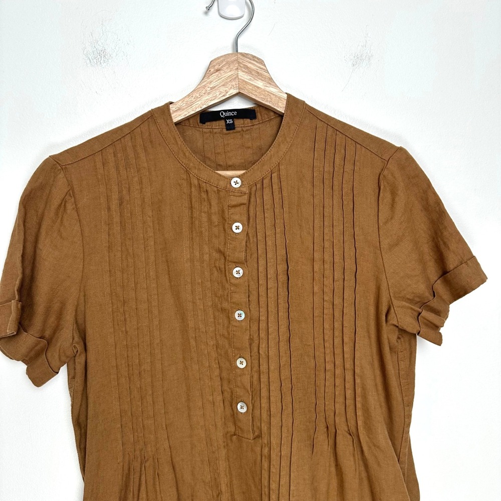 Quince 100% European Linen Pintuck‎ Mini Dress Brown Short Sleeve XS - Picture 6 of 11